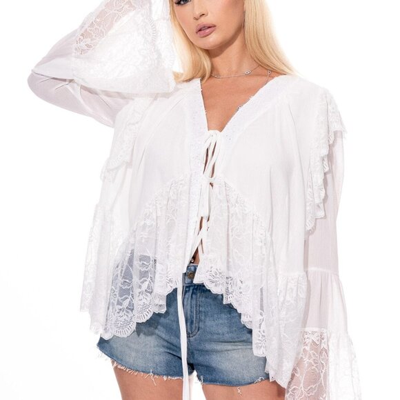 WOMEN'S LONG BELL SLEEVE V-NECK HIGH-LOW LACE BLOUSE - Picture 1 of 12